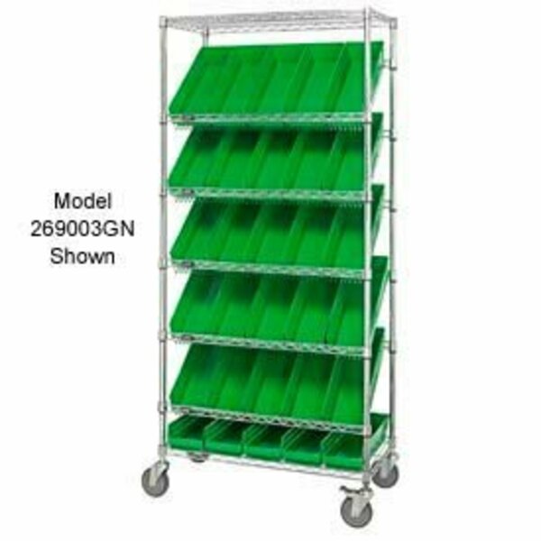 Global Industrial Easy Access Slant Shelf Chrome Wire Cart 18 4inH Shelf Bins Green 36Lx18Wx74H 269005GN